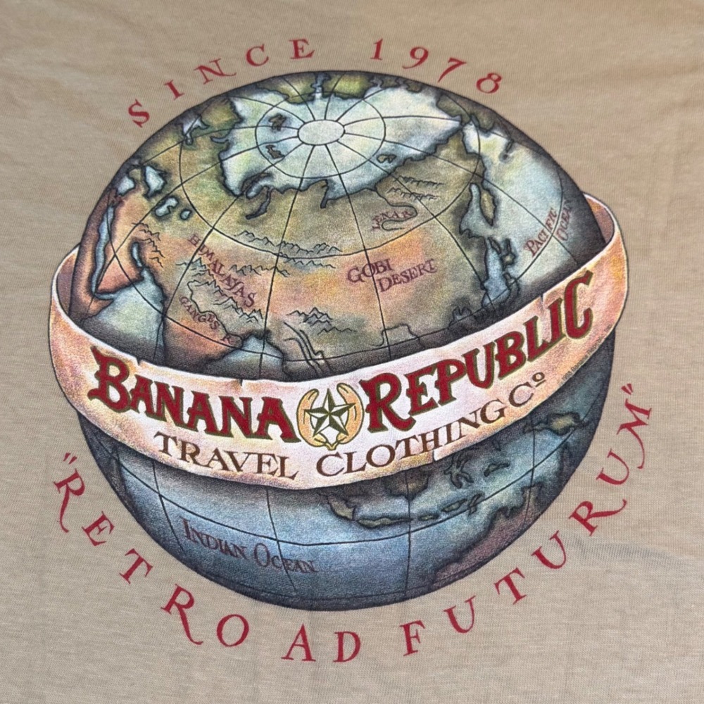 Vintage 80's Banana Republic Globe‎ Graphic T-Shirt Tan Single Stitch Mens M